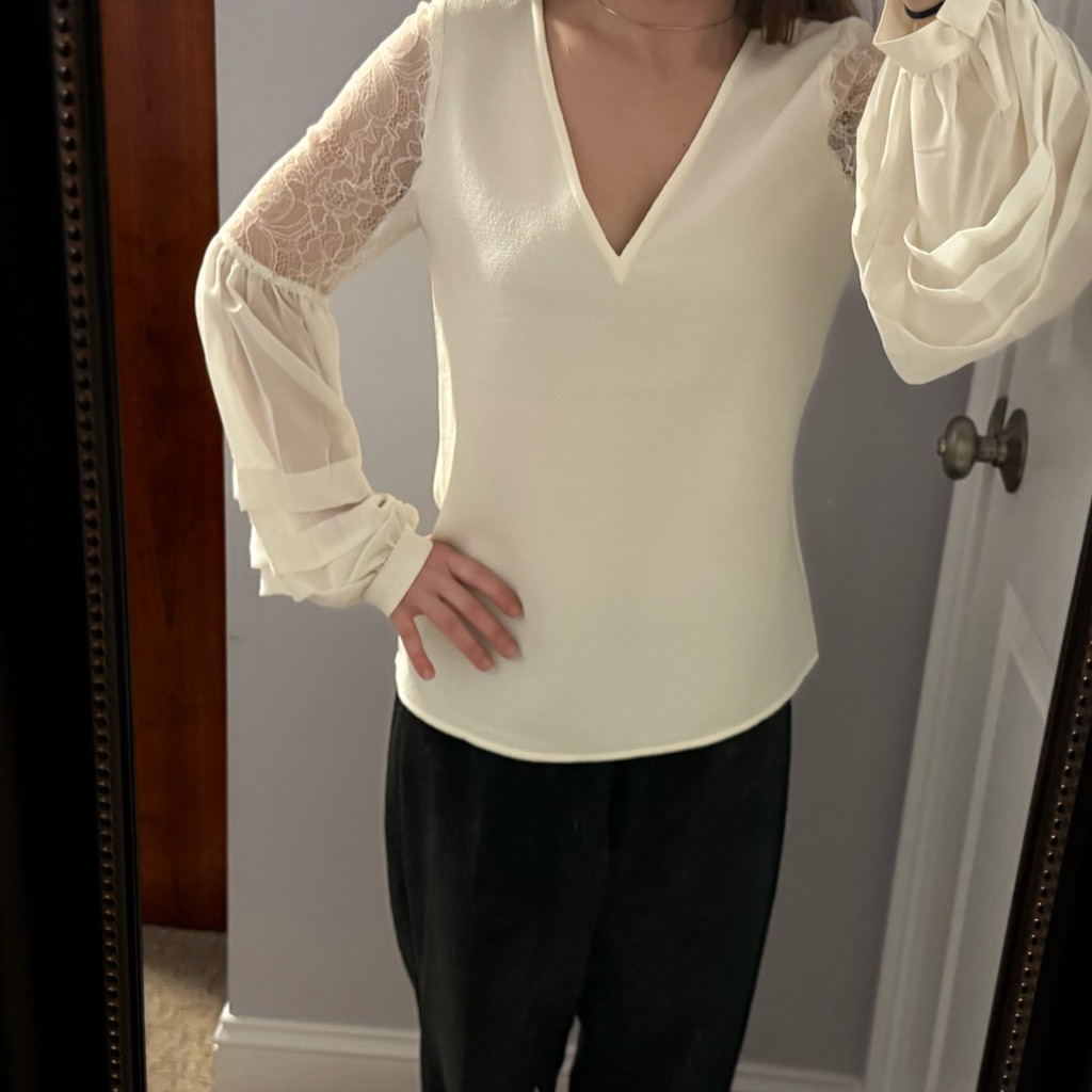 Express Elegant Cream Blouse With Lace Balloon Sleeves